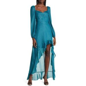 New FLORET STUDIOS Cascading Ruffle Long Sleeve Satin Teal Dress P4904